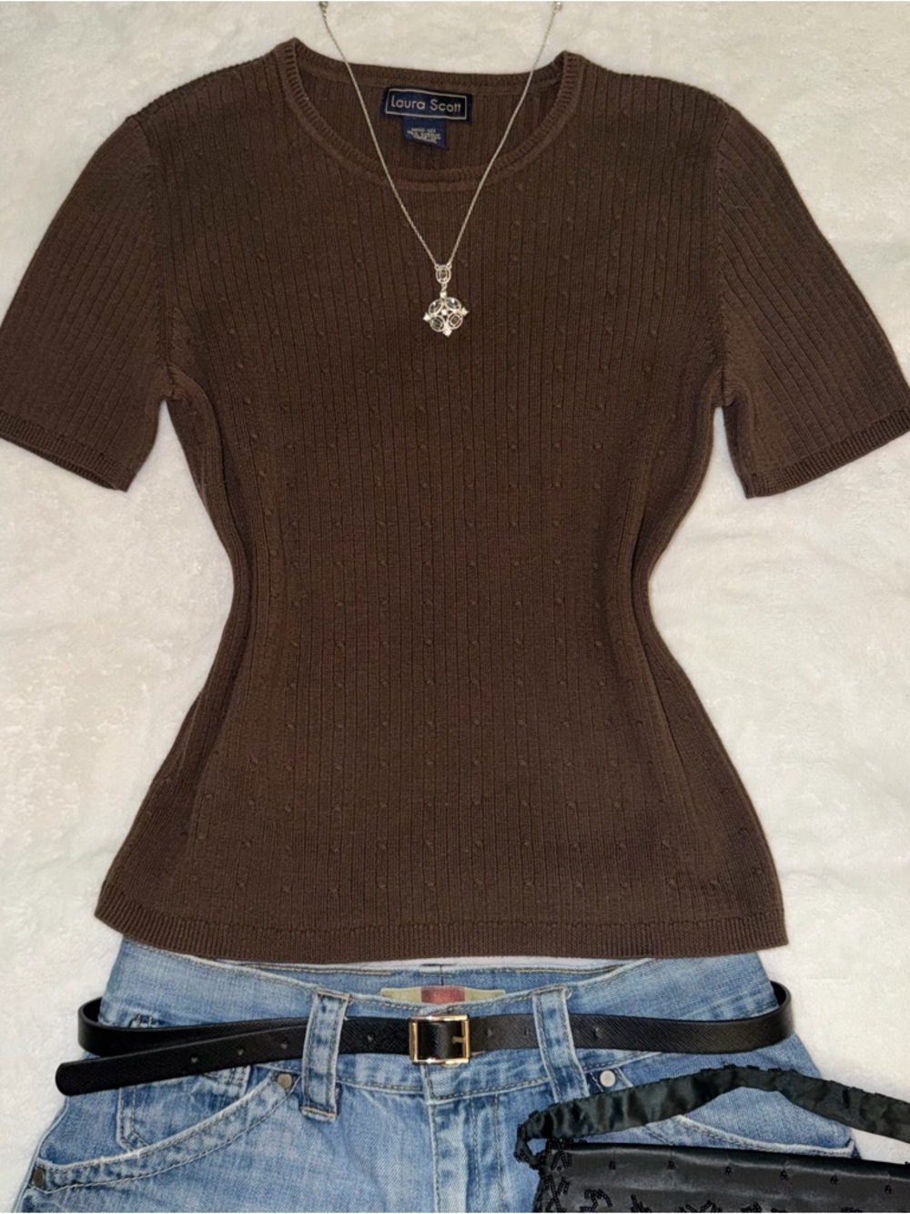 Laura Scott Brown Ribbed Short-Sleeve Knit Top